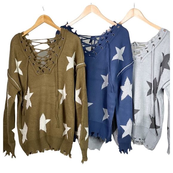 POL Bohemian sweater with tattered raw edges, and Lace up front and back - Picture 14 of 15